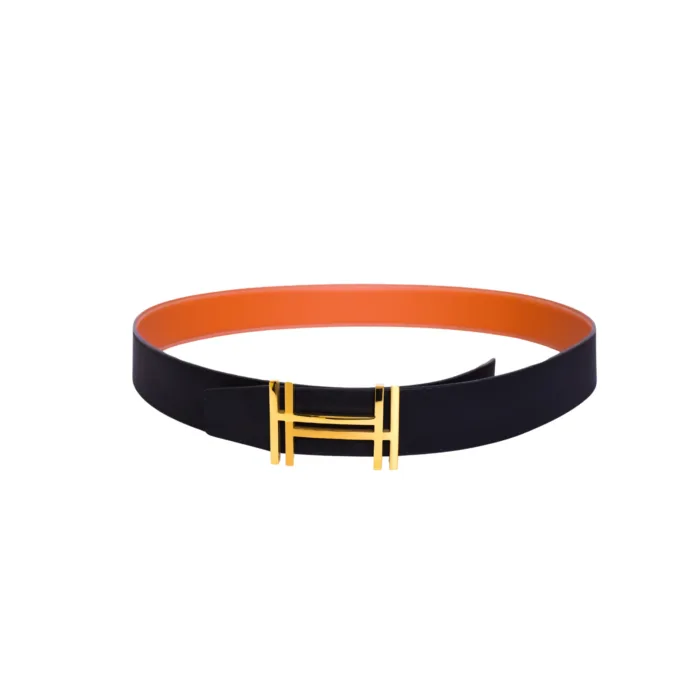Hermes Golden Logo Orange Black Belt - Image 2